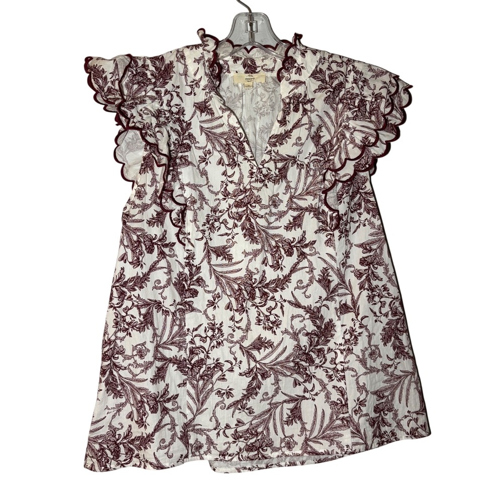 Entro Floral‎ Blouse Womens Medium Burgundy White Scalloped Ruffle Sleeve
